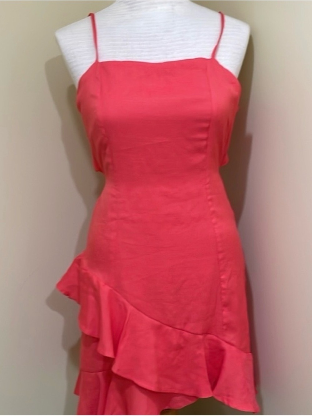 Francesca's Collections Coral Pink Ruffle-Trim Spaghetti-Strap Mini Dress Medium